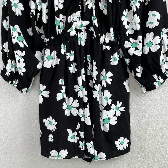 Topshop Black Daisy Floral Linen Long Sleeve V-Neck Short Romper 8/10 Medium NWT - Picture 6 of 14